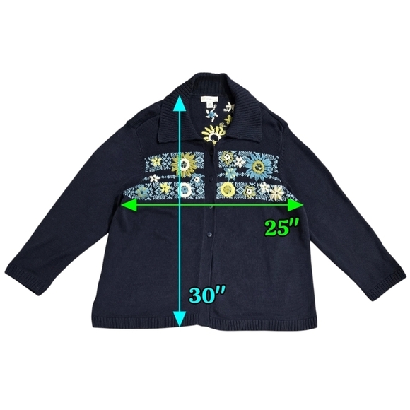 CJ Banks 100% Cotton Navy Blue Floral Embroidered Cardigan Grandmacore - Picture 3 of 8